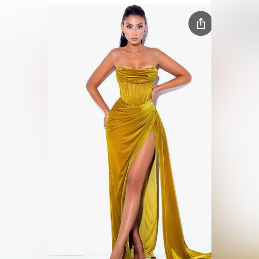 “Priya Gold Velvet Corset Gown, High Slit – Worn Once, Like New!”